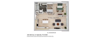 a sq ft apartment with a bedroom and a living room