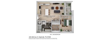 a sq ft apartment with a bedroom and a living room