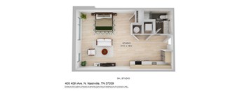 a stylized floor plan of a studio apartment