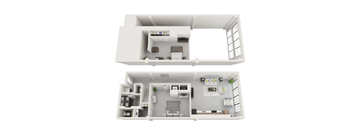 A white floor plan of a two-story house with a living room, kitchen, and bedrooms.