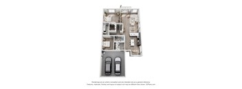 A 3D floor plan of a house with two cars parked in the garage.