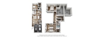 A diagram showing the layout of a house with two bedrooms, two bathrooms, a living room, a kitchen, a dining room, and two parking spaces.