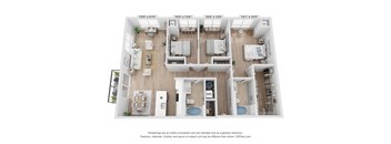 A floor plan of a house with four bedrooms, a living room, a kitchen, a dining room, and a bathroom.