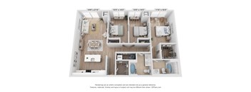 A 3D floor plan of a house with a kitchen, living room, and bedrooms.