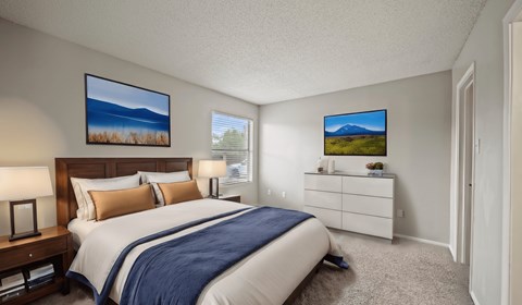 a bedroom with a bed and a dresser and a window