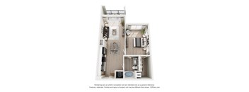 A floor plan of a small apartment with a kitchen, living room, and bathroom.