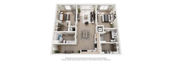 A 3D floor plan of a house with a kitchen, living room, and two bedrooms.