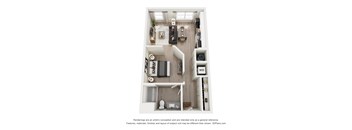 A 3D floor plan of a small apartment with a kitchen, living room, and bathroom.