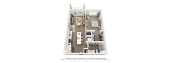 a stylized view of a 1 bedroom floor plan of a 1100 sq ft apartment