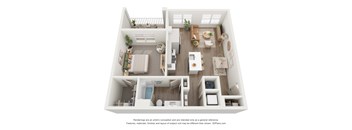 A 3D floor plan of a house with a kitchen, living room, and bathroom.
