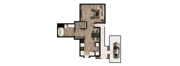 A floor plan of a house with a garage and a car.