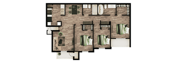 A floor plan of a house with a kitchen, living room, and two bedrooms.
