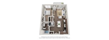 A 3D floor plan of a house with a kitchen, living room, and two bedrooms.