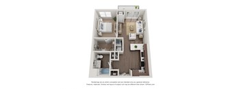 A 3D floor plan of a house with a kitchen, living room, and bathroom.