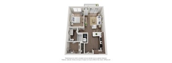 A 3D floor plan of a small apartment with a kitchen, living room, and bathroom.
