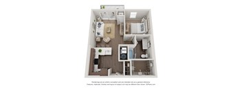A 3D floor plan of a small apartment with a kitchen, living room, and bathroom.