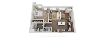 A 3D floor plan of a house with a kitchen, living room, and bedrooms.