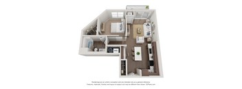 A 3D floor plan of a house with a kitchen, living room, and bathroom.