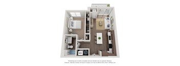 A 3D floor plan of a small apartment with a kitchen, living room, and bathroom.