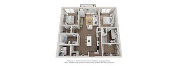 A 3D floor plan of a house with a kitchen, living room, and two bedrooms.