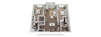 A 3D floor plan of a house with a kitchen, living room, and dining area.