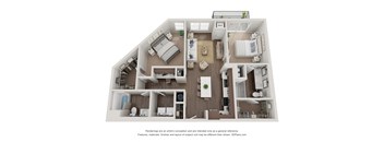 A 3D floor plan of a house with a kitchen, living room, and two bedrooms.