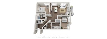 A 3D floor plan of a house with a kitchen, living room, and two bedrooms.