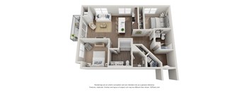 A 3D floor plan of a house with a living room, kitchen, and two bedrooms.