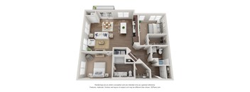 A 3D floor plan of a house with a kitchen, living room, dining room, and bedrooms.