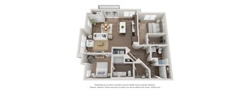 A 3D floor plan of a house with a kitchen, living room, and dining area.