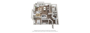 A 3D floor plan of a house with a kitchen, living room, dining room, and bedrooms.