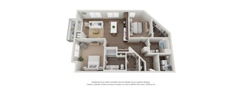 A 3D floor plan of a house with a kitchen, living room, and bathroom.