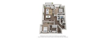 A 3D floor plan of a small apartment with a kitchen, living room, and bathroom.