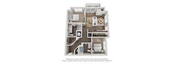 A 3D floor plan of a house with a kitchen, living room, and bathroom.