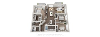 A 3D floor plan of a house with a kitchen, living room, and bedrooms.