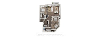A 3D floor plan of a house with a kitchen, living room, and two bedrooms.