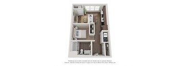 A 3D floor plan of a small apartment with a kitchen, living room, and bathroom.