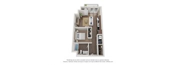 A 3D floor plan of a small apartment with a kitchen, living room, and bathroom.