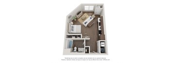 A 3D floor plan of a small apartment with a kitchen, living room, and bathroom.