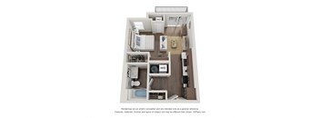 A 3D floor plan of a small apartment with a kitchen, living room, and bathroom.