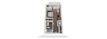 A 3D floor plan of a small apartment with a kitchen, living room, and bathroom.