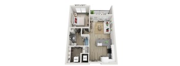 A floor plan of a small apartment with a kitchen, living room, and bathroom.
