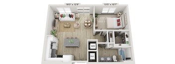 A 3D floor plan of a small apartment with a living room, kitchen, and bathroom.