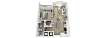 A floor plan of a small apartment with a kitchen, living room, and bathroom.