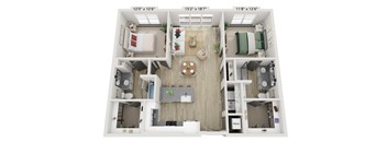 A 3D floor plan of a small apartment with a living room, kitchen, and two bedrooms.