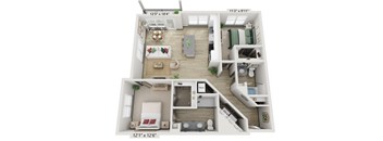A 3D floor plan of a two-bedroom apartment with a living room, kitchen, and bathroom.