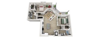 A 3D floor plan of a two-bedroom apartment with a living room, kitchen, and bathroom.