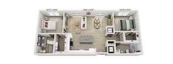 A 3D floor plan of a small apartment with a living room, kitchen, and bedroom.