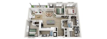 A floor plan of a small apartment with a kitchen, living room, and bedrooms.