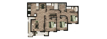 A floor plan of a house with a kitchen, living room, and two bedrooms.